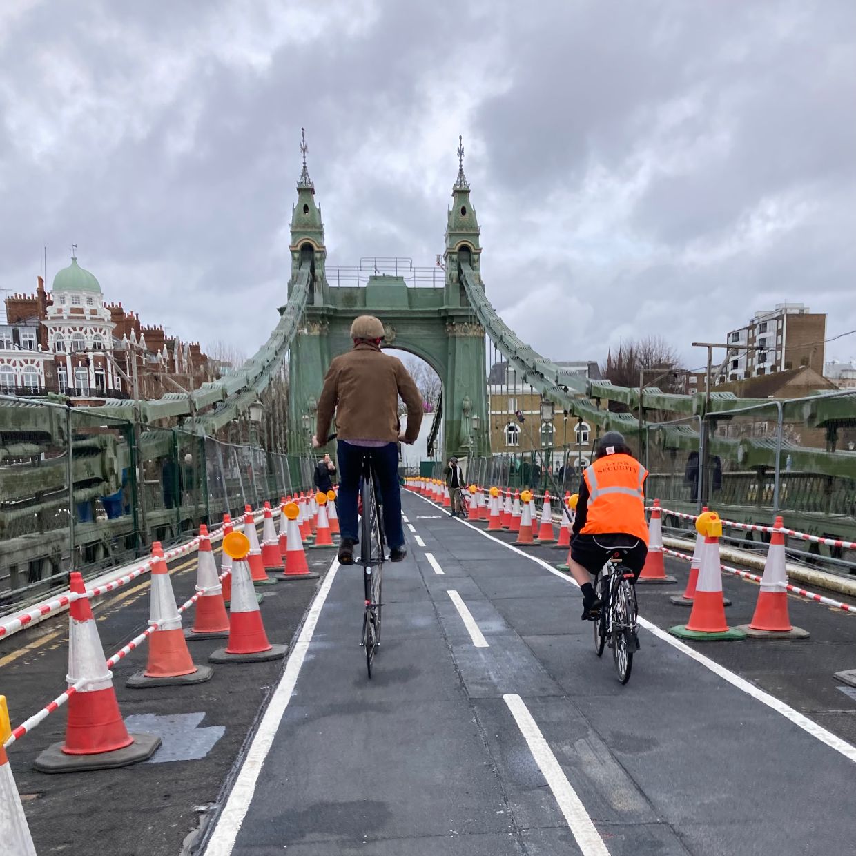 Jeremy Vine riding his penny-farthing bicycle across Hammersmith Bridge, at the celebration of its re-opening to bicycles on Sunday 18th February.